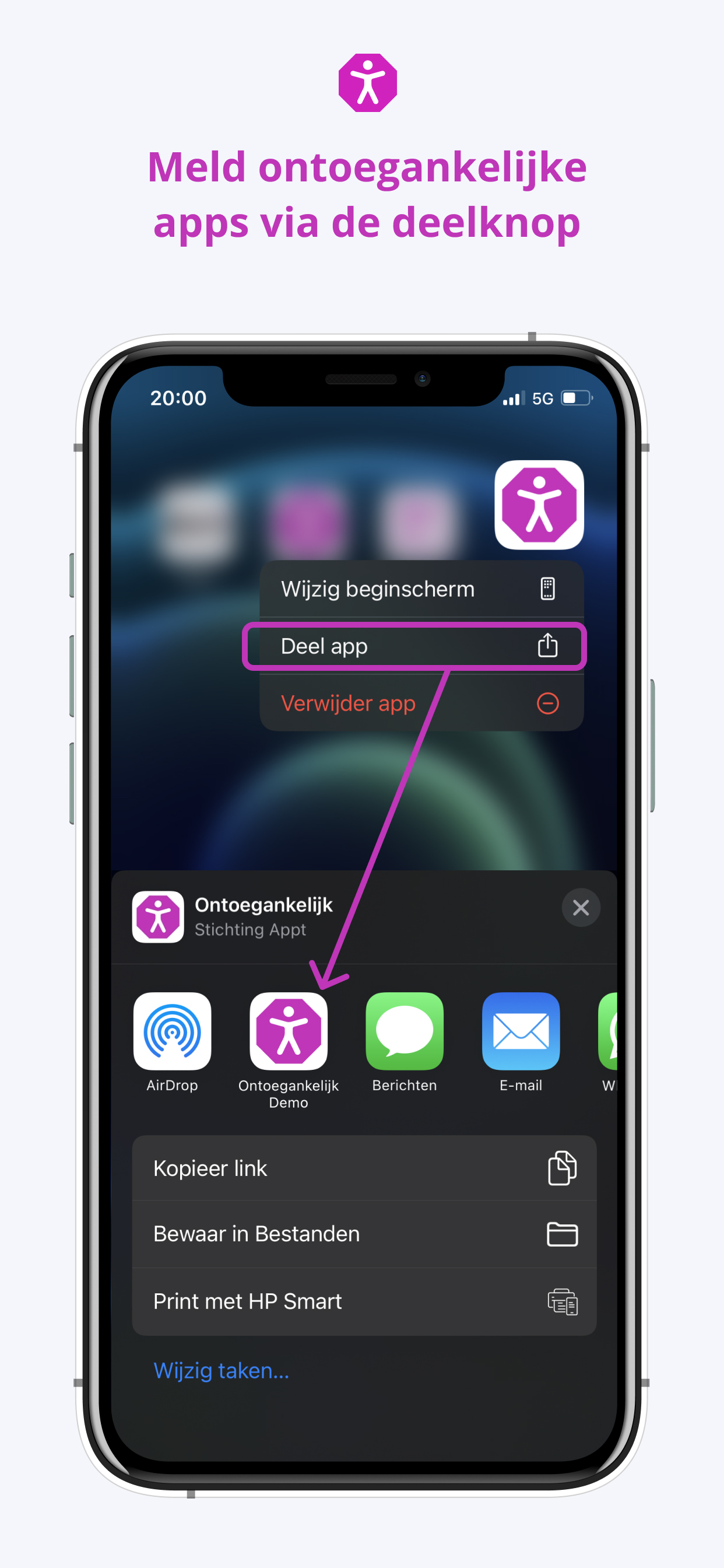 Een screenshot toont dat je een app kunt delen met de app Ontoegakelijk